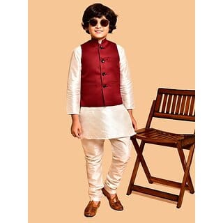 PrintCultr Boys Festive & Party Kurta, Waistcoat and Pyjama Set (White)