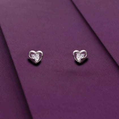Sterling Silver Heart Solitaire Stud Earring-White Stone / Silver
