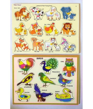 PETERS PENCE - WOODEN MULTI COLOR  SET OF BIRDS AND ANIMALS WITH THEIR YOUNG ONES PUZZLE LEARNING  BOARD COMBO FOR KIDS PRE PRIMARY EDUCATION