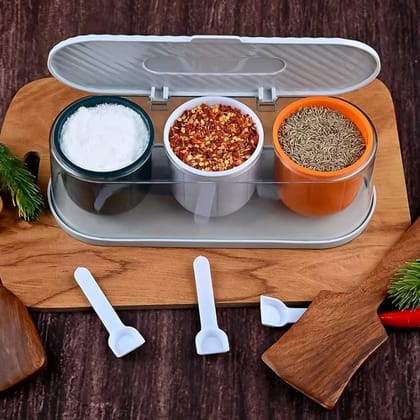 Home Kitchen 3 Grid Seasoning Spice or Masala Box Kit with Spoon Home Kitchen 3 Grid Seasoning Spice or Masala Box Kit with Spoon