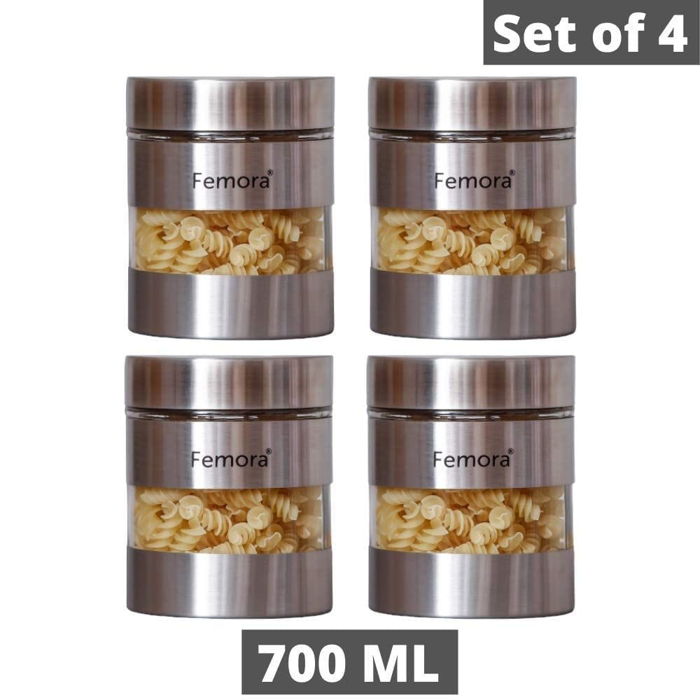 Femora Clear Glass Steel Metallic Jars for Kitchen Storage, 1300 ML - Set of 4