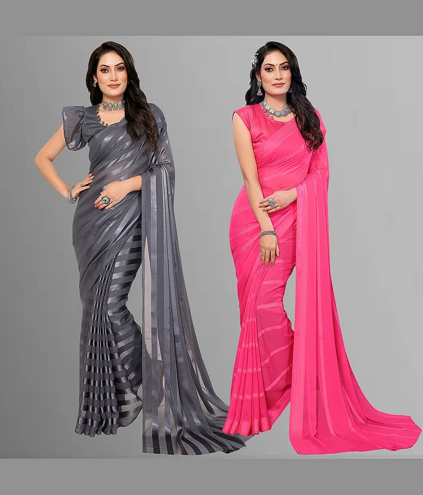 ANAND SAREES Satin Striped Saree With Unstitched Blouse Piece ( Multicolor )