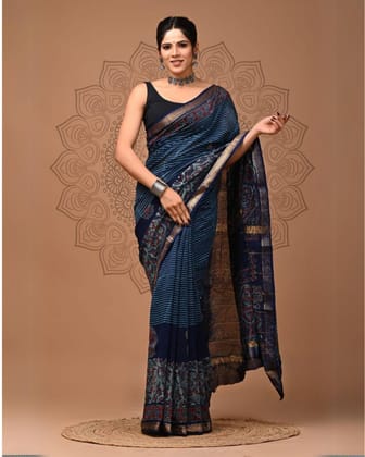 Eclipsing Maheshwari Pure Silk Blue Saree Blockprint