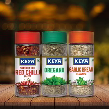 Keya Herb and Seasonings Combo Oregano 15g, Garlic Bread Seasoning 50g, Red Chilli Flakes 40g | Pack of 3