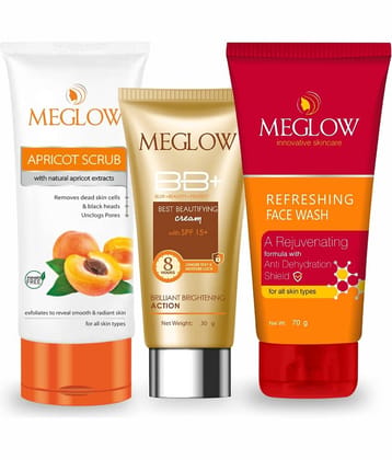 Meglow BB+ Cream SPF 15+ (30g) + Refreshing Face Wash (70g) + Apricot Scrub (70g) Combo Pack