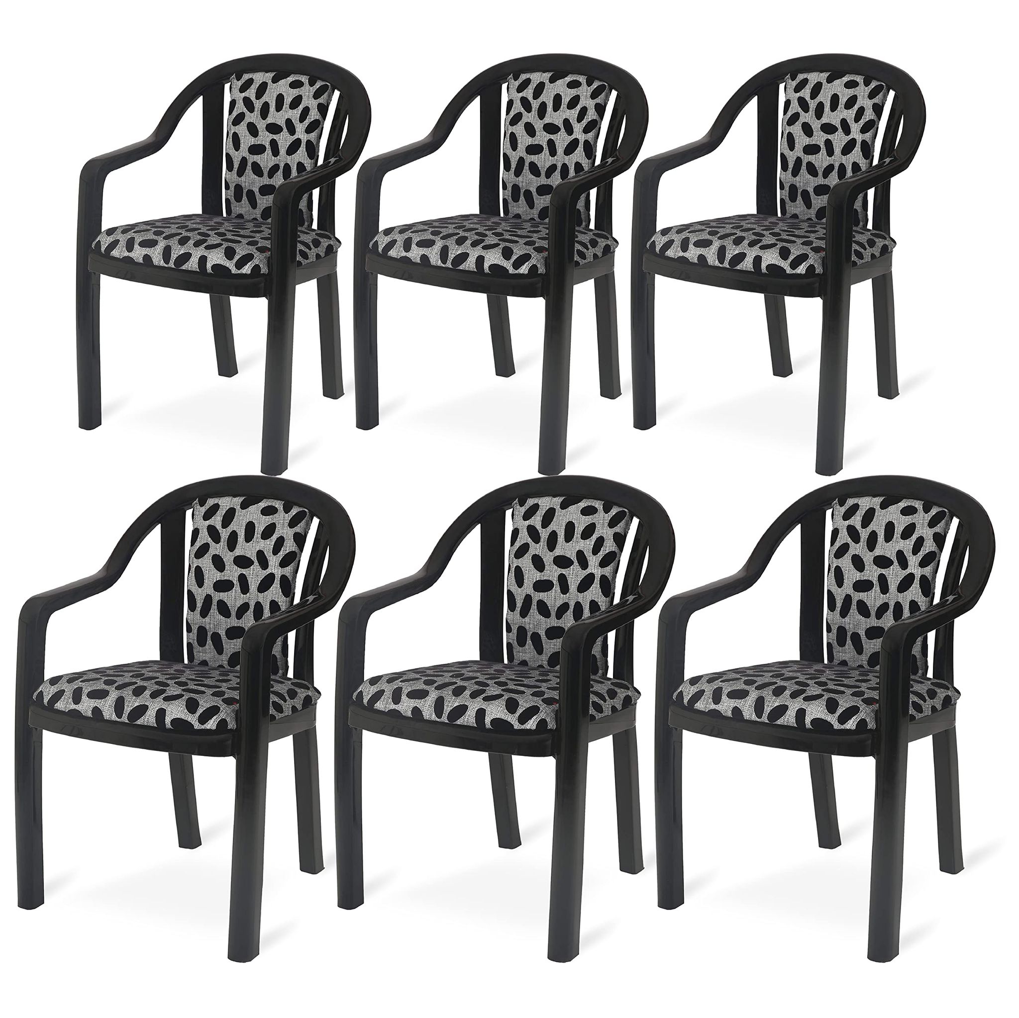 Supreme Furniture Ornate Plastic Cushion Chair with-Arm Suitable for Home, Garden, Office, Living Room, Cafeteria, Restaurant, Hotel, Resort and Indoor(Set of 6, Black-Black Egg)