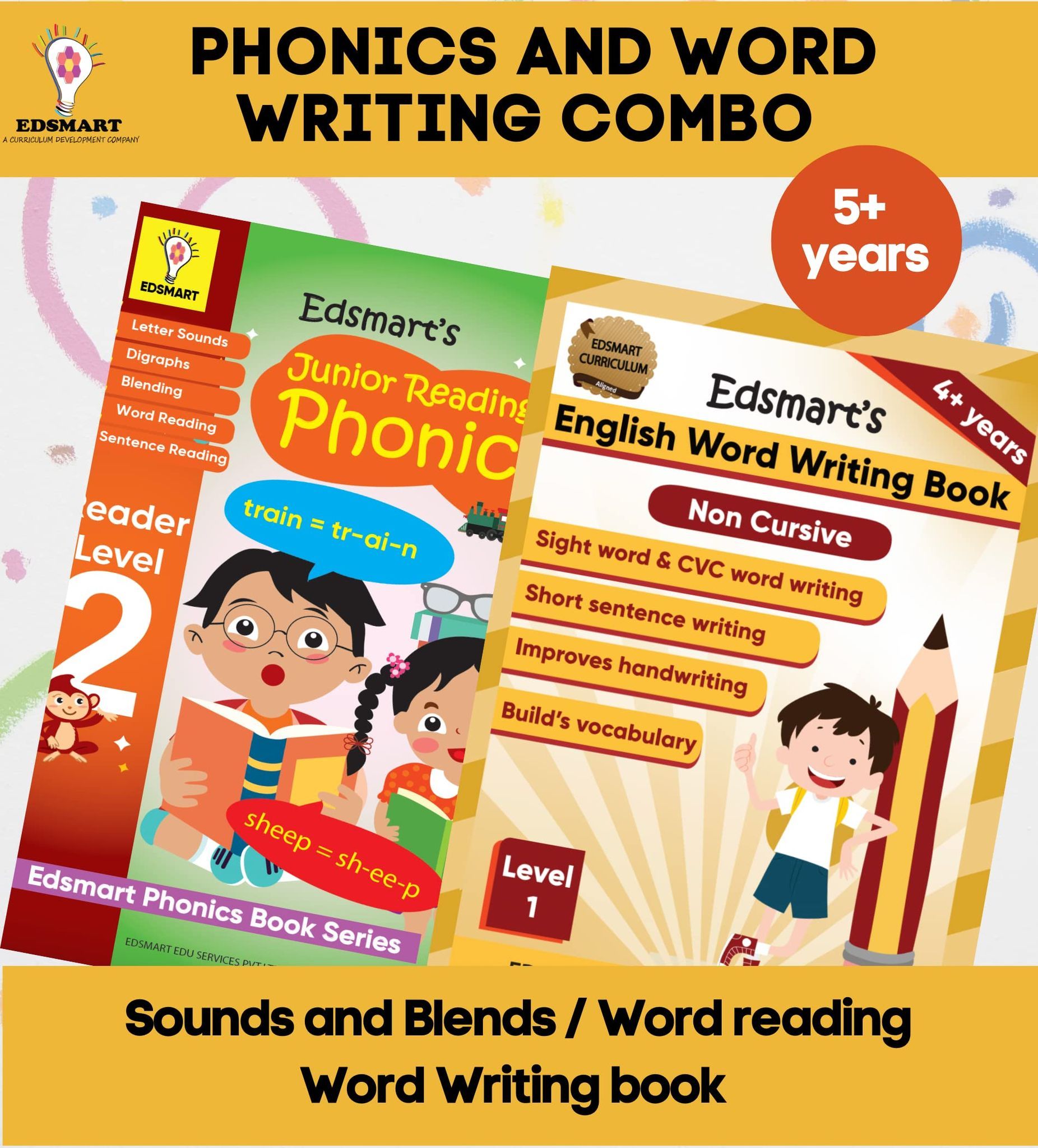 English Reading and Writing Combo for 4 years old - Word Writing Book Level 1 and English Phonics Level 2 - Teaches- reading sounds, blends, words & writing sight words, CVC words and more [Paperback] [Jan 01, 2023] Edsmart Edu Services Pvt Ltd