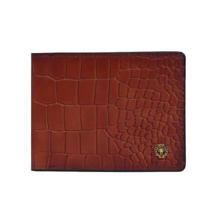 Men's Bi-Fold Wallet Deep Cut Croco Textured Tan Leather-FS