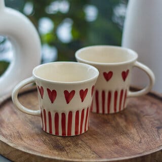 Handcrafted Heart Pattern Ceramic Mugs - Pack of 2