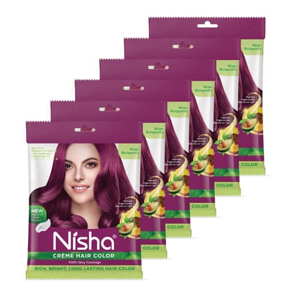 Nisha Creme Hair Color Wine Burgundy 40g Pack of 6, Permanent Hair Color for Women Men, 100% Grey Coverage