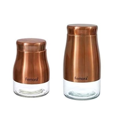 Femora Copper Metallic Clear Glass Kitchen Storage Jars, 900 ml, 1300 ml, Set of 2