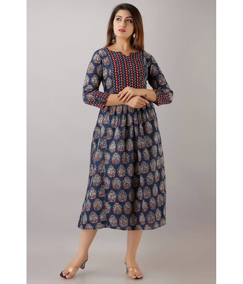 FabbibaPrints Women Rayon Printed Ethnic Dress ( Blue )