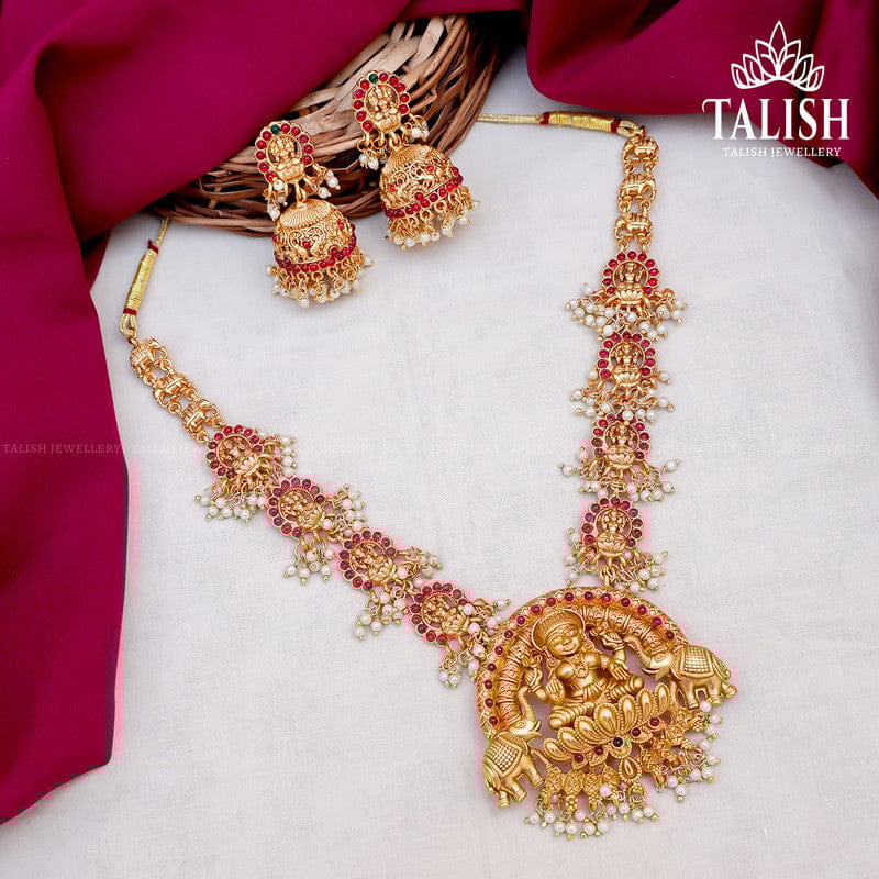 Traditional Temple Jewelry Set with Red Stones and Pearls
