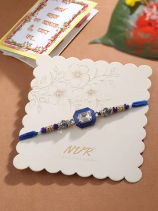 NVR Men Blue Artificial Stones Handmade Thread Rakhi with Roli Chawal Chandan & Mishri-One Size / Blue