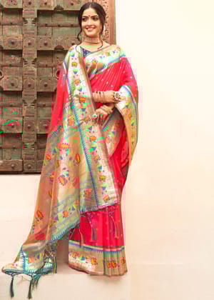 Raspberry Pink Woven Paithani Silk Saree