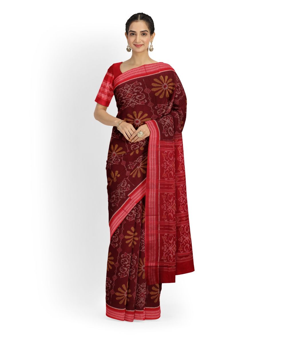 Maroon Red Cotton Handloom Sambalpuri Saree