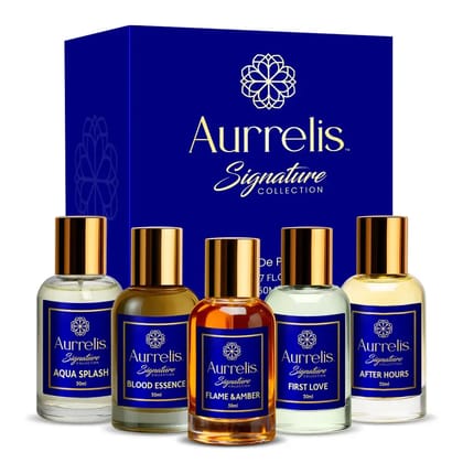 Aurrelis Signature Extrait De Parfum Combo Pack of 5  Aqua Splash, Flame & Amber, Bold Essence, First Love & After Hours | Gift Set (50 ml x 5)