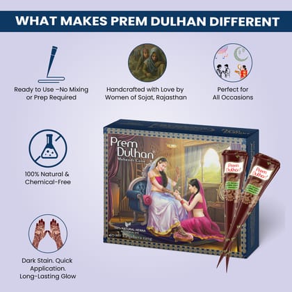 Prem Dulhan Natural Henna Mehandi Cones 12 Pcs Box Mehendi Cones, for Bridal and Festivals, Easy Application, Floral Paisley Blue Box