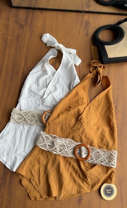 Kingdom halter neck top with jute belt-Yellow / XS