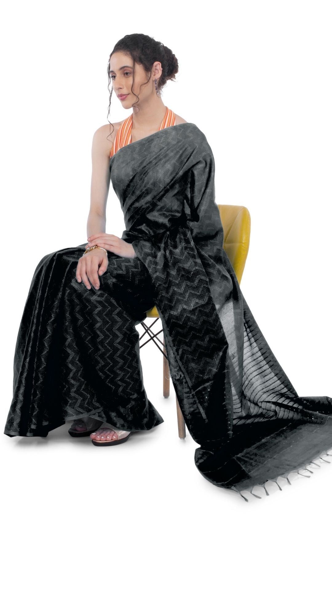 Kota Silk Black Saree Sequence Pallu & Zig-Zag Design