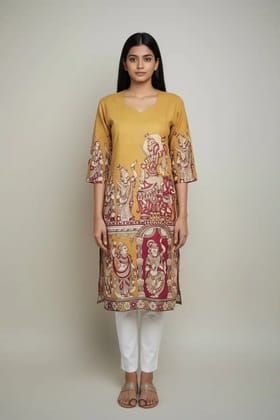 Kalamkari Print Cotton Kurti Mustard Gold A-Line