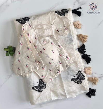 New Wedding Wear Chanderi Cotton Embroidery n Tussels Work Fancy Designer Saree With Stitched Blouse-OFFWHITE-1