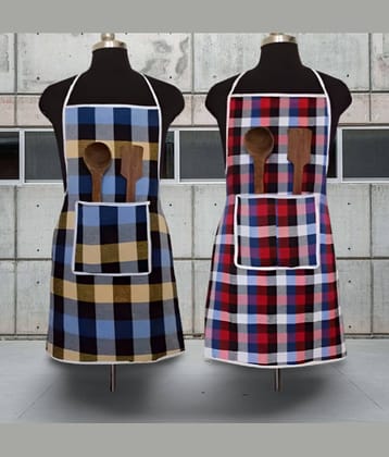 CreadCraft Cotton Checks Kitchen Apron with 1 Center Pocket ( Pack of 2 )