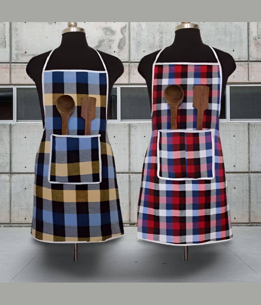 CreadCraft Cotton Checks Kitchen Apron with 1 Center Pocket ( Pack of 2 )