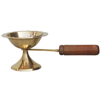 Brass Table Decor Oil Lamp Deepak With Wooden Handle  - Decorative Deepak for Home, Height : 2.6 Inch (FMAS627 D)