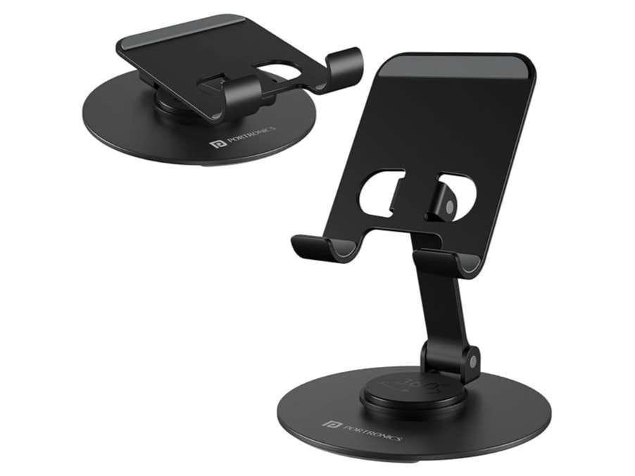 Portronics Mobot 4 Universal Mobile Holding Stand with 360Rotatable & Height Adjustable, Foldable & Anti-Skid Design, Stable Metallic Round Base, Mobile Holder for Smartphone, Tablets, Kindles
