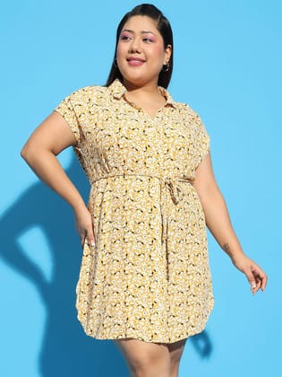 Forever Yellow Floral Print Collared Belted Button Down Plus Size Curvy Dress-2XL