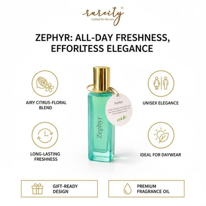 Rareity Zephyr Unisex Perfume, Airy Fresh Citrus Floral Scent for Daywear | Premium Long-Lasting Fragrances | Suitable Gift for Men & Women| Travel-Friendly