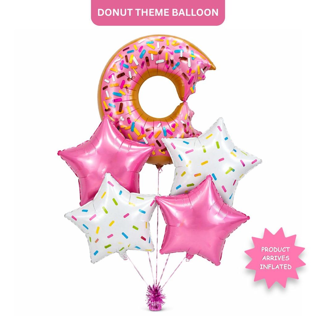 Donut Theme Helium Balloon Set of 5 (Donut Balloon + 2 Sprinkled Star + 2 Pink Star Balloons) | Pre-Inflated & Delivered | Kids Birthday Decoration - Party and Festive Needs | Buy online on ZillyBuy