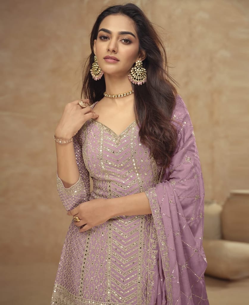 designer chinon palazzo set for women ethnic wear baby pink