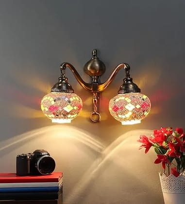 ELIANTE Double Metal Wall Light | Antique Brass Finish with White Colorful Glass | E27 Holder | Portuguese Design Decorative Wall Lamp for Living Room & Dining | Free Bulb Included | 3 Years Warranty