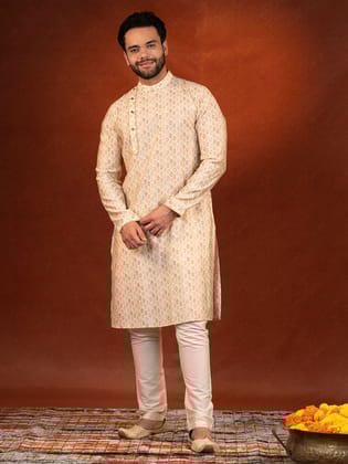 Cream Printed Side Open Kurta Set-XS/36 / Kurta Churidaar Set