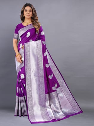 Yavira silk Women's Purple Handwoven Silk Blend Saree