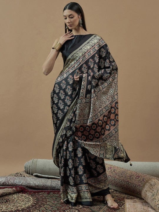 Black And White Ajrak Crepe Block Print Sarees
