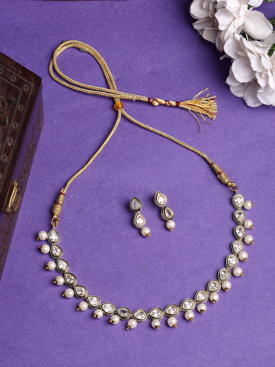 NVR Women Gold Plated Pear Shape Kundan Studded Short Jewellery Set-One Size / Gold / Alloy