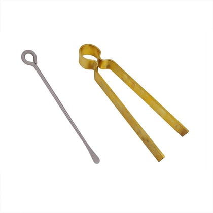 Small Brass Chimta (8 cm) + Stainless Steel Diya Wick Adjuster Stick (10 cm) � Sambrani Tong, Thiri Idukki, Vilakku Thiri Thoondi, Pooja Lamp Wick Stimulator, Incense Burner Tong