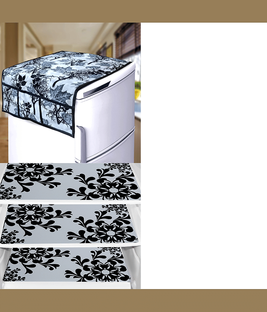 Crosmo Polyester Floral Printed Fridge Mat & Cover ( 64 18 ) Pack of 4 - Gray