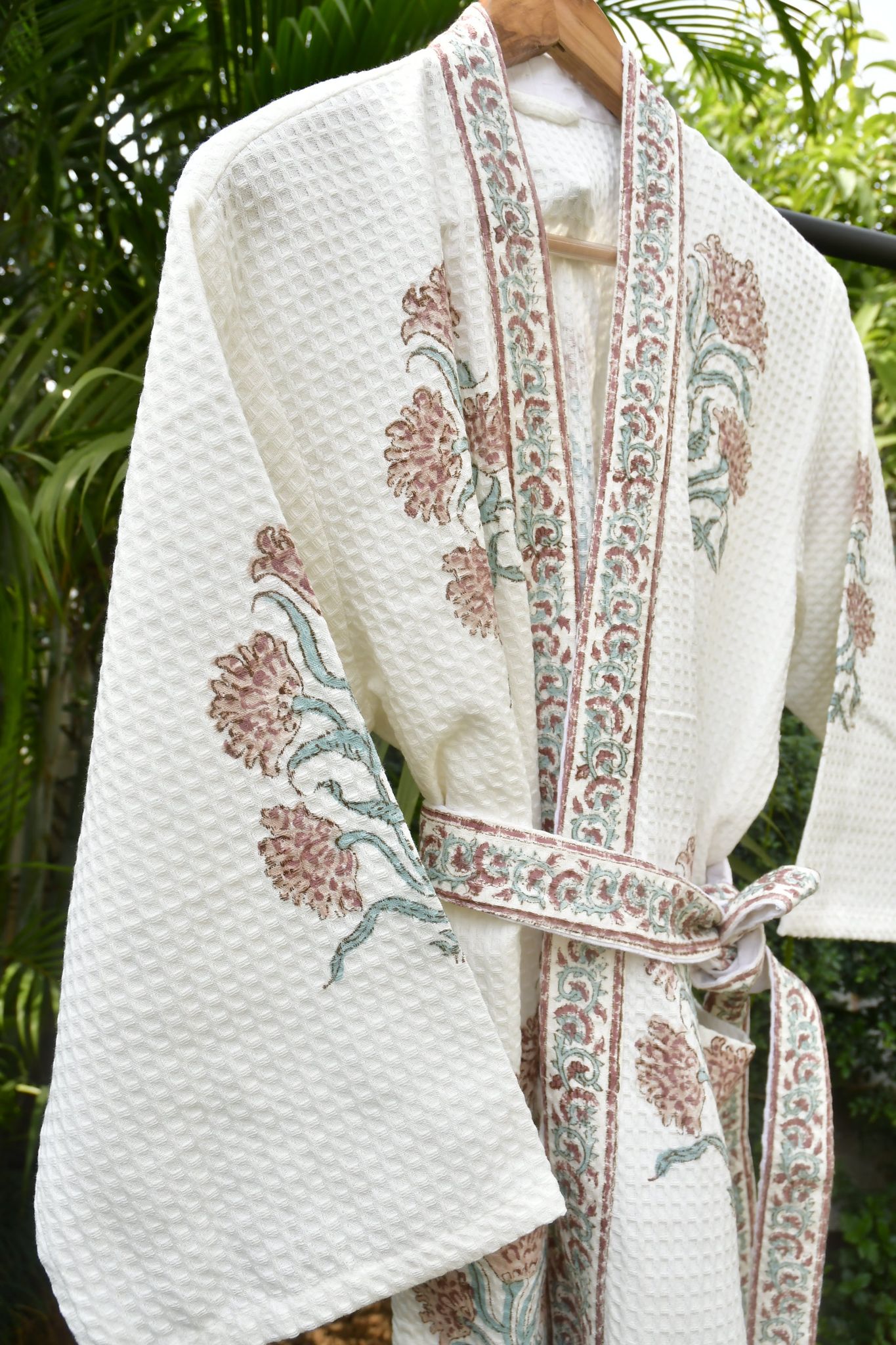 Rust and Green Floral Waffle Cotton Bathrobe