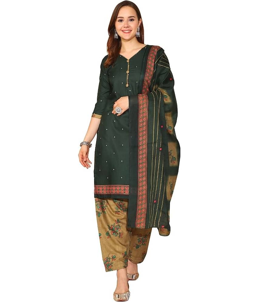 wonder weave Women Cotton Blend Printed Straight Kurti With Patiala Salwar ( Green )