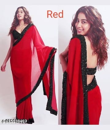 Shivadit ethnic Georgette Solid Regular Saree With Unstitched Blouse Piece ( Red )