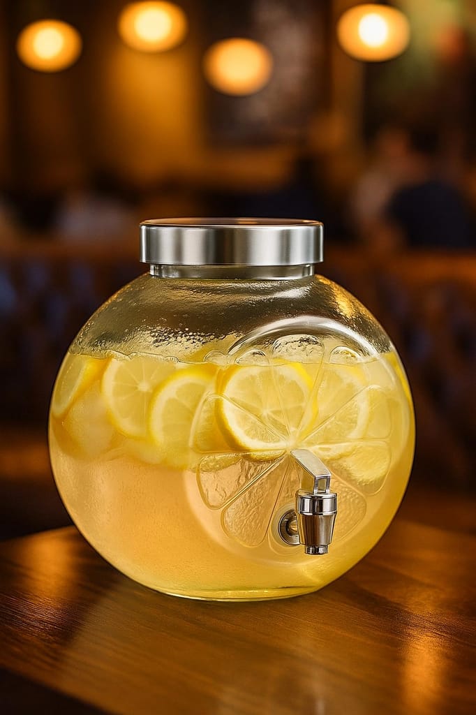 Round Glass Water & Juice Tank | 5000 ML | Dispenser with lid and Tap | Glass Pitcher for Beer, Cocktails, Juice, Cold Drinks and Detox Water | Set of 1