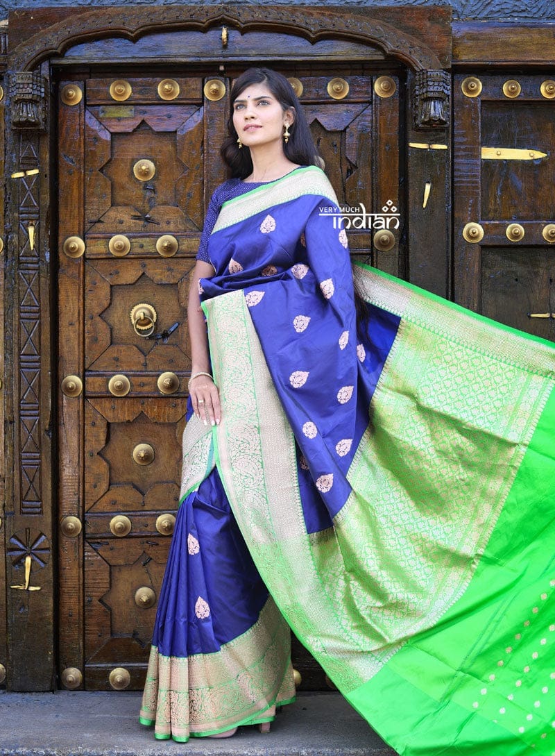 Utsaav - Banarasi Katan Silk in Ink Blue with Pastel Green Border