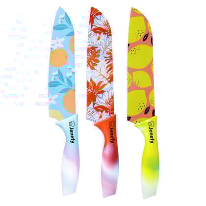 Jenefy Ultra Sharp Knife with prints of protective sheath Chef Knife Japanese Santoku Knife with Non stick coating NonSlip Ergonomic Handle & Blade Cover High Stainless Steel Blue Yellow & Red Combo