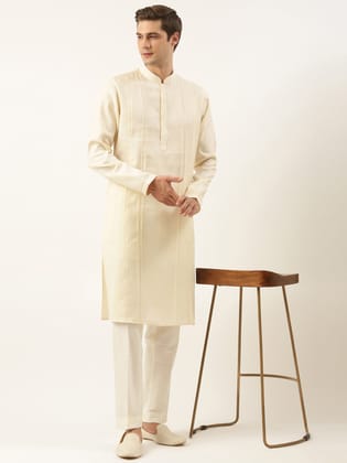 Cream Cotton Pintux Kurta Set-XS/36 / Kurta Churidaar Set