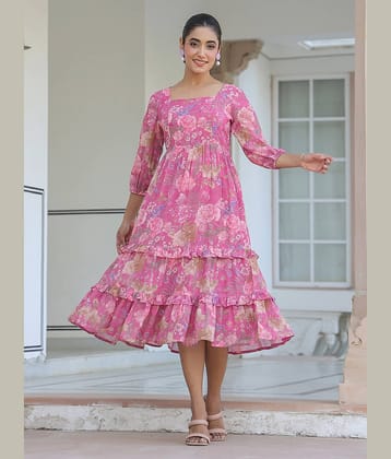 Janasya Women Georgette Printed Fit & Flare Dress ( Pink )