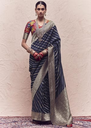 Navy Blue Woven Banarasi Silk Saree With Brocade Blouse